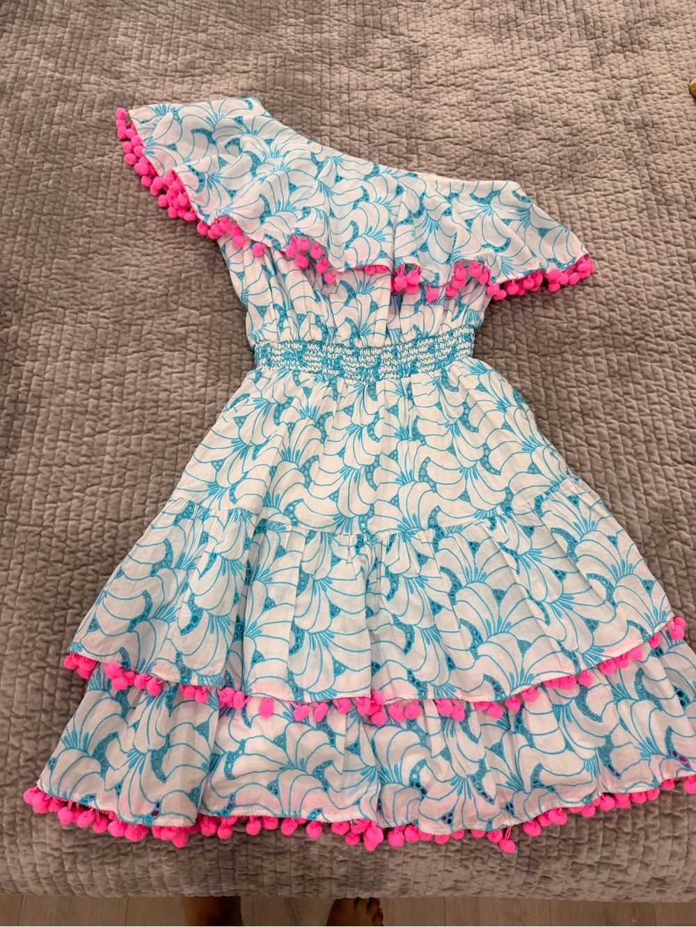 One-Shoulder Blue & Pink Pom-Pom Dress